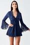 4210 Navy Blue Color Satin Long Spanish Sleeve 2-Piece Nightgown Set - 5