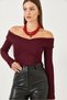 Women's Burgundy Ottoman Fabric Cross Collar Detail Blouse 60251890 - 3