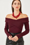 Women's Burgundy Ottoman Fabric Cross Collar Detail Blouse 60251890 - 4