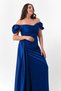 Women's Cobalt Blue Boat Neck Sleeveless Long Satin Evening Dress & Graduation Dress - 3
