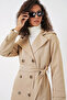 Beige 5940 Model Women's Double Breasted Collar Long Trench Coat - 4