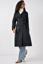 5940 Women's Double Breasted Collar Long Trench Coat - Navy Blue - 2