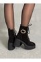 Women's Black Suede Genuine Leather Lace-Up Zippered Buckle Detailed Heeled Short Boots - 7