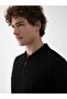 Zippered Polo Neck Short Sleeve Regular Black T-Shirt - 4