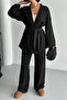 Black Stamp Kimono Set with Belt and Elastic Waist - 5