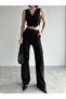 Women's Palazzo Trousers Buttoned Short Crop Vest Double Striped Suit