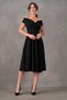 Flexible Fabric Double Breasted Collar Flared Cut Midi Length Black Evening Dress Black Graduation Dress 046