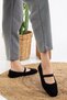 Women's Black Teddy Curly Plush Rubber Detail Flat Sole Women's Ballerinas