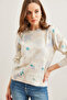 Women's Leaf Ecru Crew Neck Patterned Soft Textured Premium Knitwear Sweater Kzk-19000611 - 4