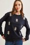 Women's Navy Blue Eye Embroidered Seasonal Sweatshirt Swt-19000598 - 5
