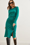Women's Emerald Green Button Detail Slit Midi Stretchy Dress Elb- 19002256 - 2