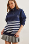 Women's Navy Blue Zippered Striped Embroidered Sweatshirt Swt-19000711