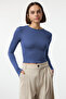İndigo Viskon Bisiklet Yaka Crop Esnek Örme Bluz TWOAW24BZ00116 - 6