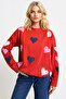 Women's Red Crew Neck Heart Printed 2 Thread Oversize Sweatshirt Alc-X13314 - 2