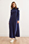 Women's Navy Blue Stand Collar Shoulder Low-Cut Thick Ribbed Dress Elb- 19002322 - 6