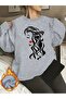 Women's Portrait Printed Crew Neck Oversize Gray Sweatshirt