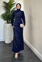 Navy Blue Crepe Evening Dress - Candi Stone Detail