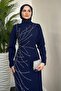 Navy Blue Crepe Evening Dress - Candi Stone Detail - 2