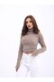 Glittery Mohair Fuzzy Fabric with Glitter Stripes Winter Warm Women's Cropped Short Tight Stretchy Sweater - 4