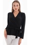 Black Double-Breasted Collar Long Sleeve Belted Stretch Fabric Crepe Blouse - 2