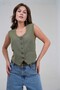 Khaki Fitted Buttoned Unlined Woven Vest - 2