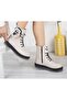 Cream Crinkled Patent Leather Zippered Girls' Boots with Pocket Detail - 2