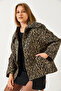 Women's Brown Bat Sleeve Leopard Patterned Lined Cashmere Jacket 60261171 - 3