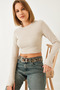 Women's Beige Finger-Looped Ribbed Blouse 0167 60261178 - 2