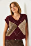 Women's Burgundy Premium Diamond Patterned Oversize Knitwear Sweater Ts241003 60261172 - 4