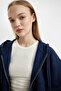 Navy Blue Coool Standard Fit Hooded Basic Plain Kangaroo Pocket Zip-Up Sweatshirt - 3