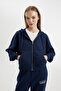 Navy Blue Coool Standard Fit Hooded Basic Plain Kangaroo Pocket Zip-Up Sweatshirt - 4