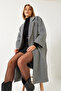 Women's Black Folded Sleeve Single Button Pocketed Lined Cashmere Coat 60261169 - 6