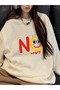 Women's Beige No Angry Printed Crew Neck Oversize Sweatshirt - 2