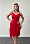 Satin Fabric Bead Detailed Dress - Red - 3