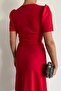 Red Crepe Fabric Short Sleeve Belted Midi Dress - 5
