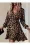 Long Sleeve Double-Breasted Neck Belted Leopard Printed Scuba Dress - Brown