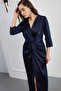 Women's Navy Blue Slim Fit V-Neck Midi Evening Dress - 3