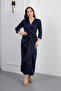 Women's Navy Blue Slim Fit V-Neck Midi Evening Dress - 2