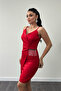 Satin Fabric Bead Detailed Dress - Red - 4