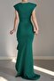 Green Double-breasted Collar Flounced Slit Detail Scuba Fabric Fishnet Evening Dress - 4