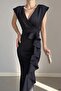 Black Double-breasted Collar Flounced Slit Detail Scuba Fabric Fishnet Evening Dress - 2