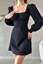 Black Back Detail Long Sleeve Imported Crepe Fabric Short Dress - 4