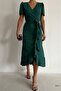 Green Crepe Fabric Short Sleeve Belted Midi Dress - 5