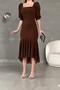 Brown Crepe Fabric Square Neck Balloon Sleeve Fish Model Midi-Length Dress - 3