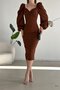 Brown Princess Sleeve Slit Detailed Heart Collar Midi Dress