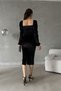 Black Princess Sleeve Slit-Detail Sweetheart Neck Midi Length Velvet Dress - 4