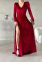 Red Double Breasted Collar Long Sleeve Maxi Length Slit Detail Velvet Fabric Dress