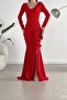 Red V-Neck Long Sleeve Slit Detail Imported Crepe Fabric Dress - 2