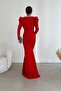 Red Shoulders Flounce Detail Long Sleeve Belted Maxi Length Imported Crepe Fabric Dress - 5