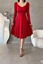 Red Long Sleeve Button Detail Midi Length Imported Crepe Fabric Dress - 5
